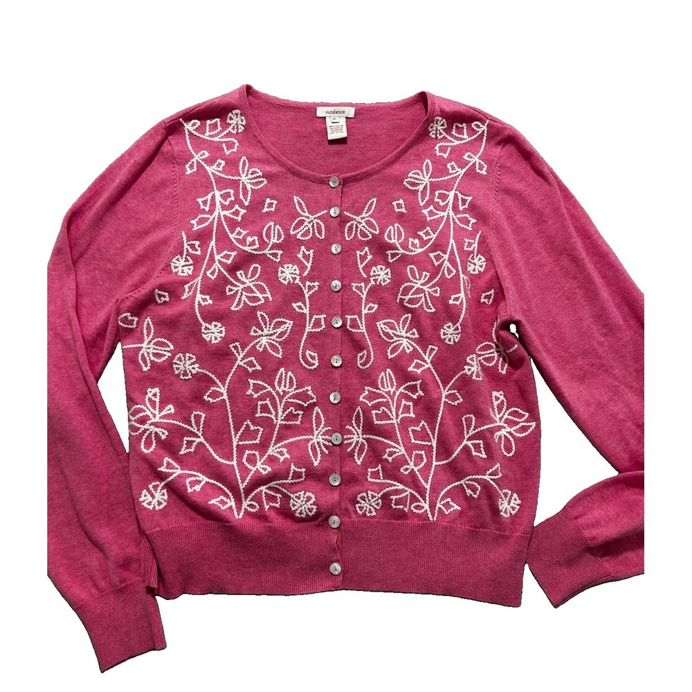 Sundance Women's XL Pink Cardigan with Floral Embroidery Boho Cottagecore